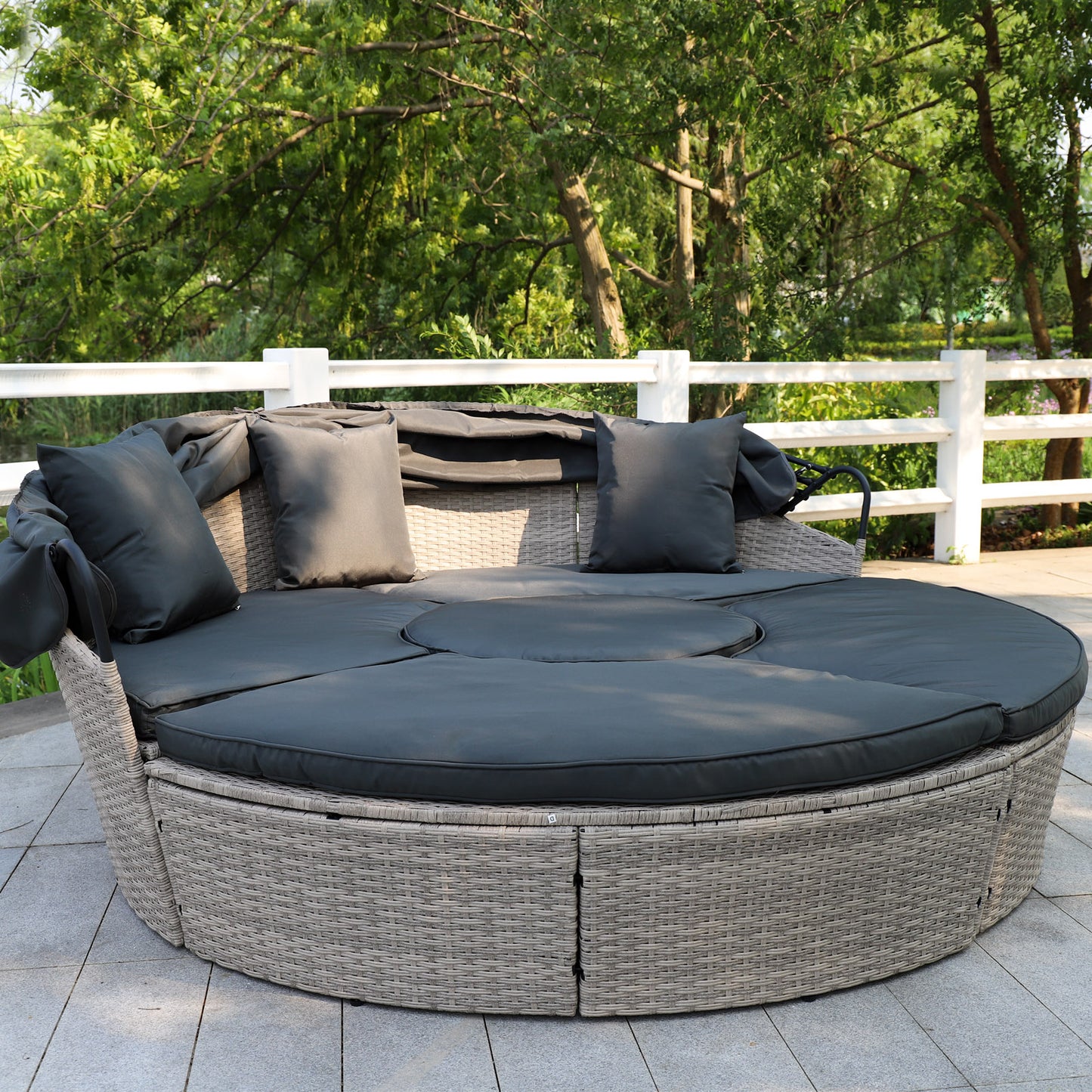 Polyrattan XL Ø 210 cm Sonneninsel mit faltbarem Sonnendach Hellgrau