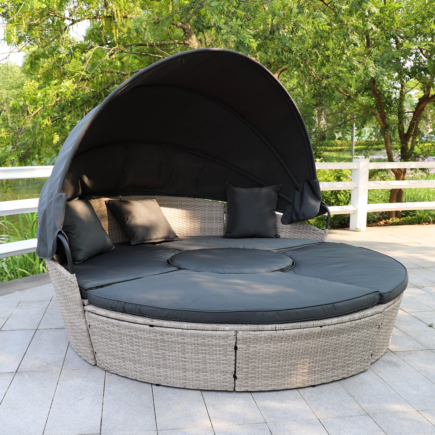 Polyrattan XL Ø 210 cm Sonneninsel mit faltbarem Sonnendach Hellgrau