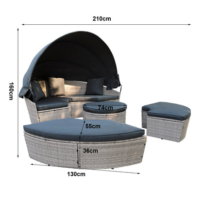 Polyrattan XL Ø 210 cm Sonneninsel mit faltbarem Sonnendach Hellgrau