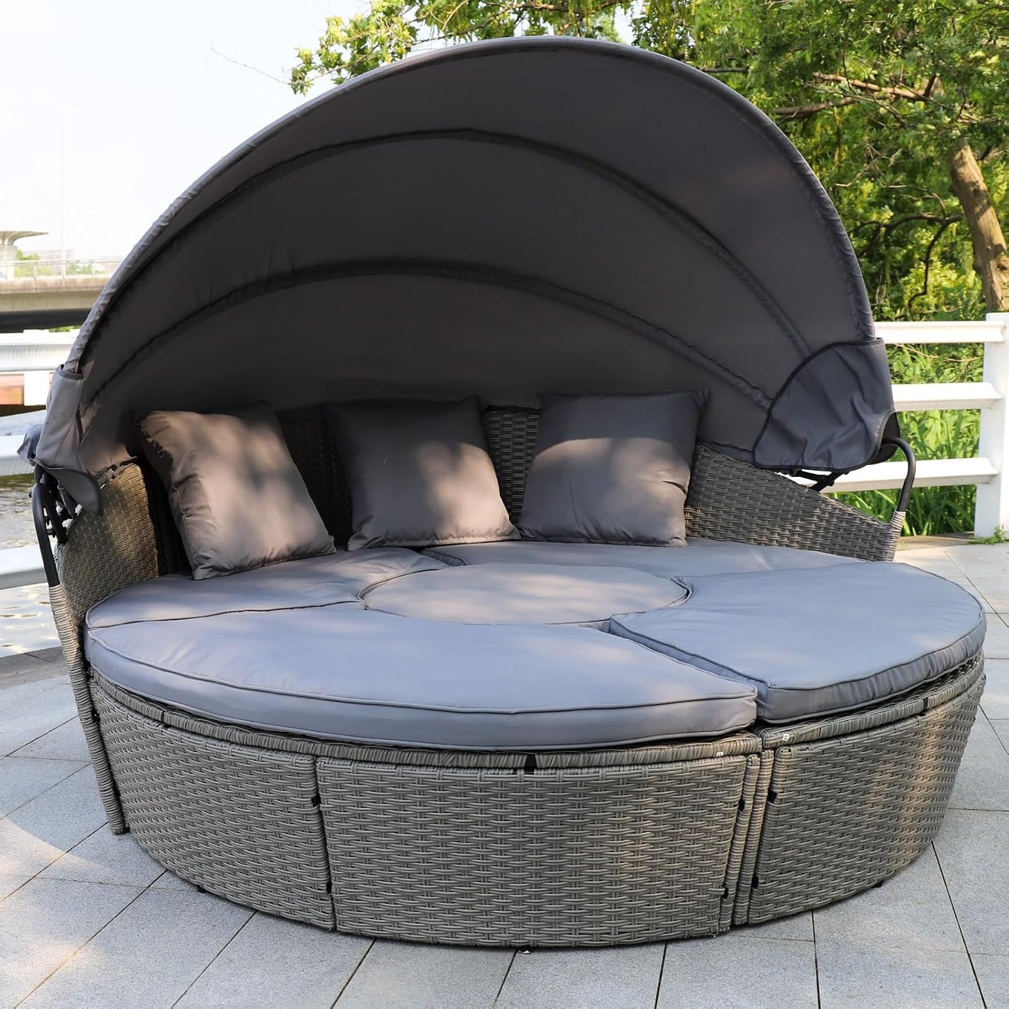 Polyrattan Sonneninsel Ø 180 cm, Farbe Grau/Grau inkl. Regenplane