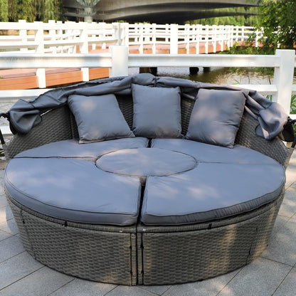 Polyrattan Sonneninsel Ø 180 cm, Farbe Grau/Grau inkl. Regenplane